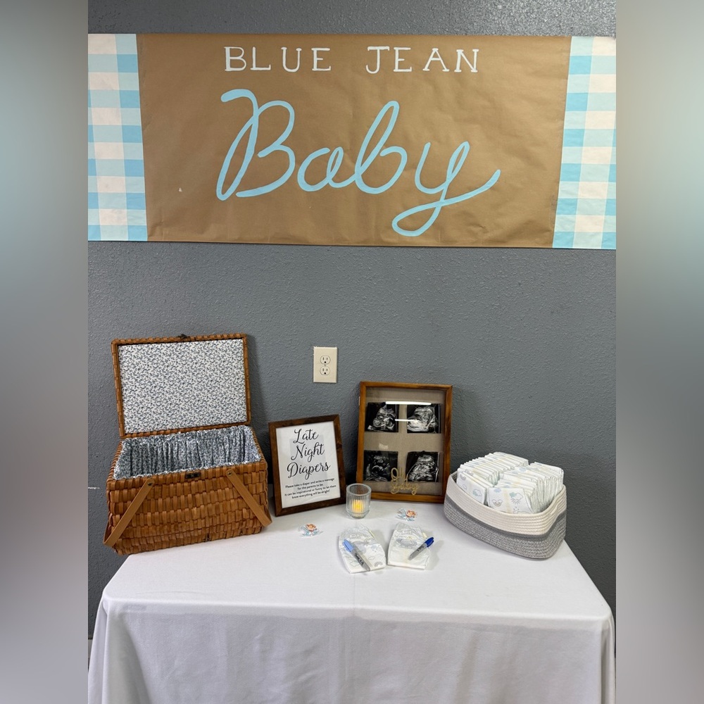 Blue Jean Baby Gingham Hand Painted Blue and White Baby Shower Banner/Sign
